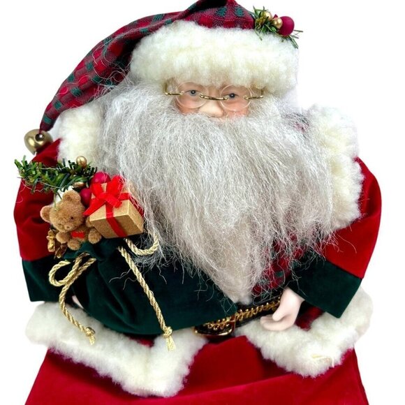 Santa Red Velour Christmas Stocking 3D Porcelain Face Glasses Bell Plaid Vest 24 - Picture 2 of 8